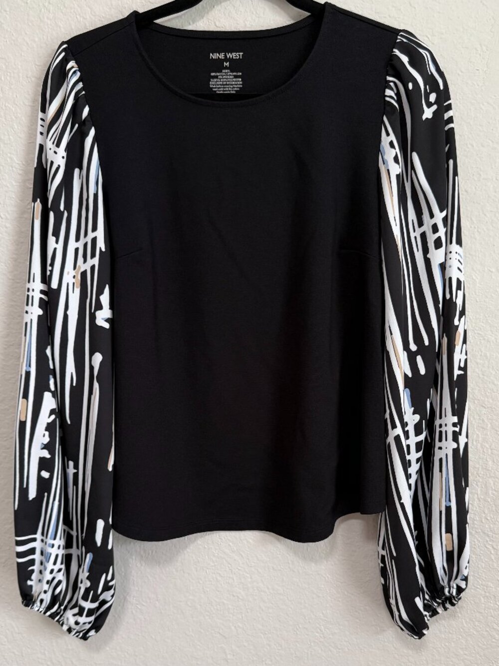 Nine West Black Abstract Print Balloon Sleeve Blouse Women's Size M